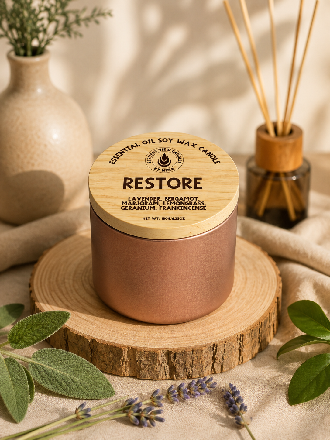 ‘Restore’ Lavender, Bergamot, Marjoram, Lemongrass, Geranium & Frankincense Candle