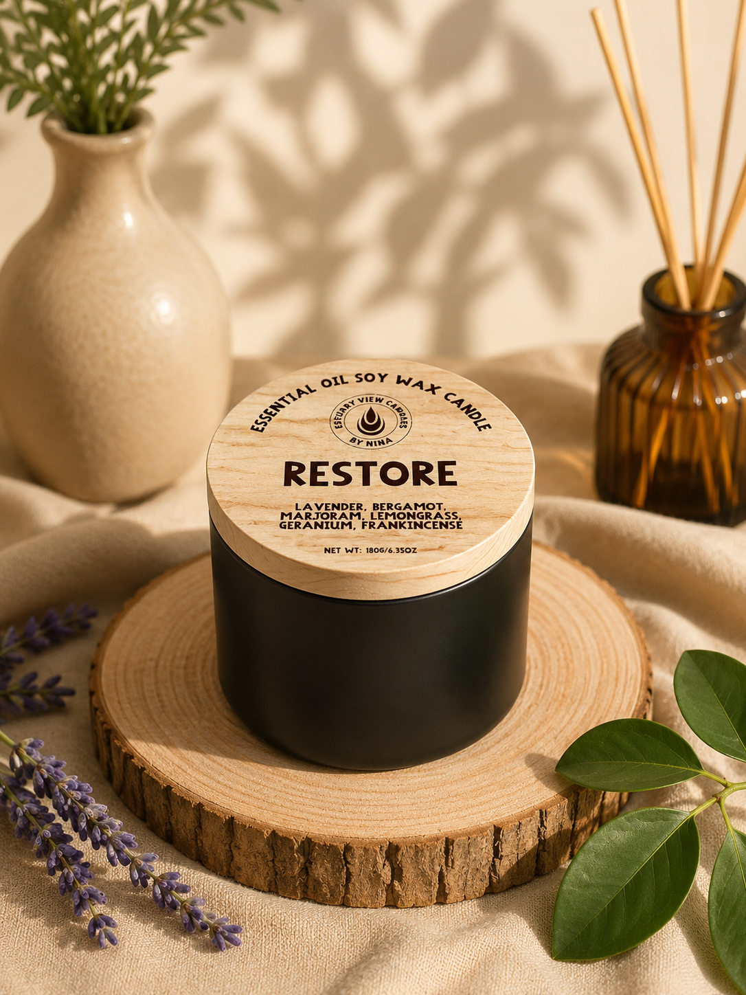 ‘Restore’ Lavender, Bergamot, Marjoram, Lemongrass, Geranium & Frankincense Candle